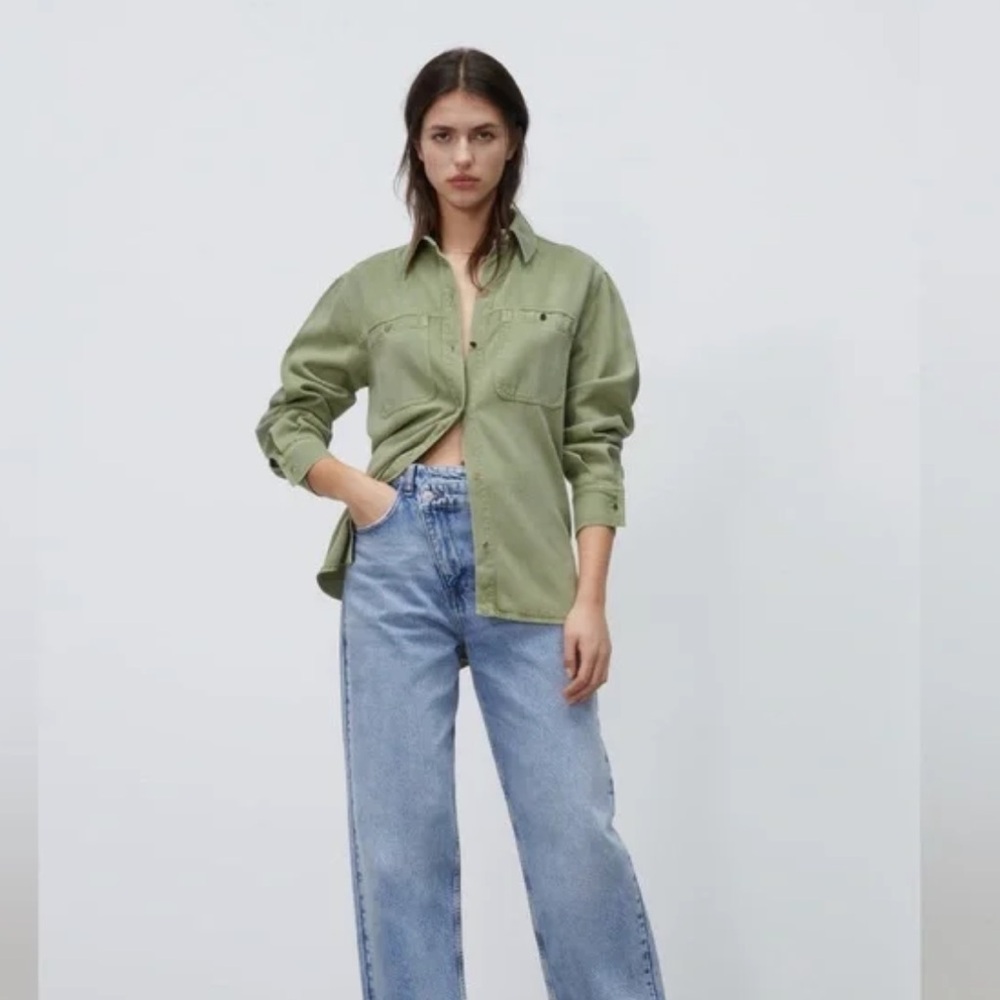 ZARA BUTTONED OVERSIZED SHIRT LIGHT KHAKI GREEN 2388/332 XS BUTTON DOWN GOLD